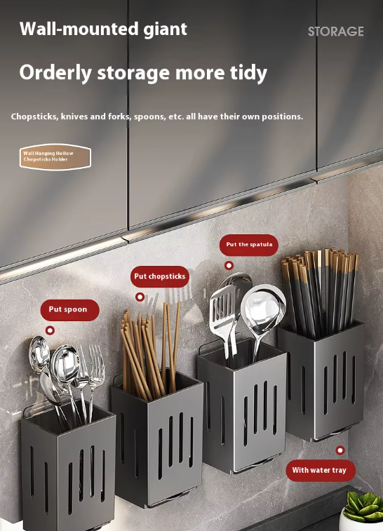 Wall-Mounted Cutlery & Spoon Holder with Draining Tray