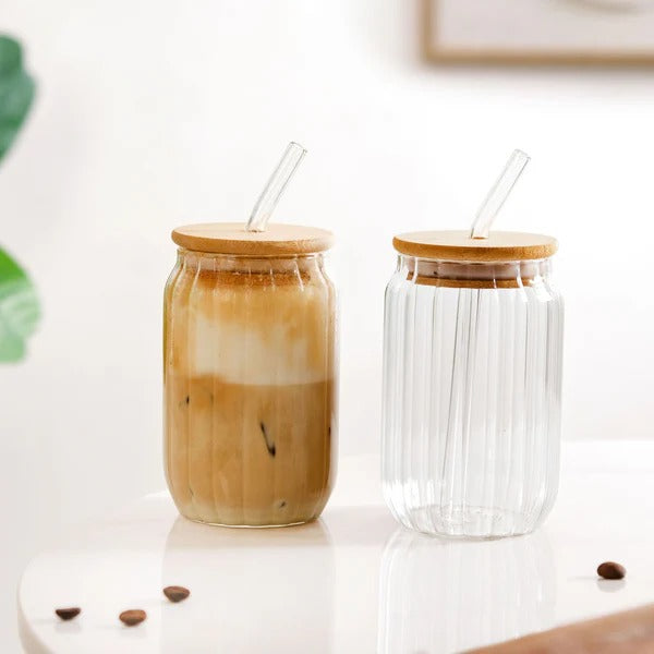 Fluted Glass Tumbler With Straw And Wooden Lid Set Of 2 400ml