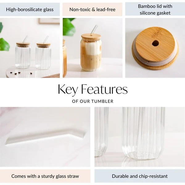 Fluted Glass Tumbler With Straw And Wooden Lid Set Of 2 400ml
