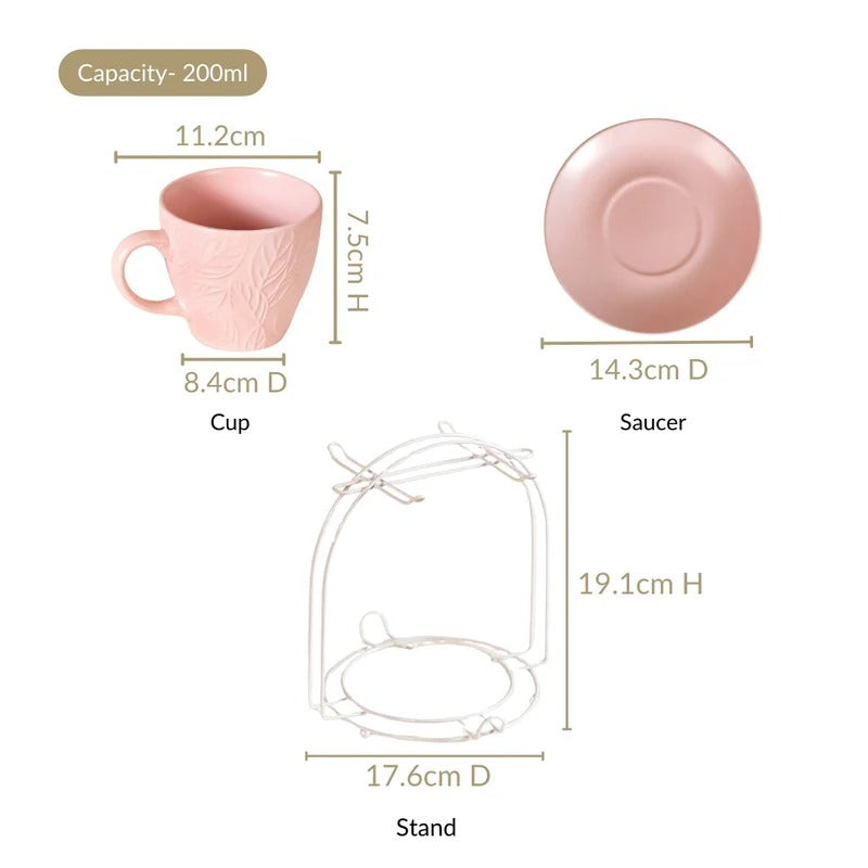 Leaf Embossed Cup And Saucer Set Of 4 With Stand 200ml