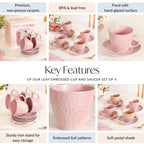 Leaf Embossed Cup And Saucer Set Of 4 With Stand 200ml