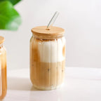 Fluted Glass Tumbler With Straw And Wooden Lid Set Of 2 400ml