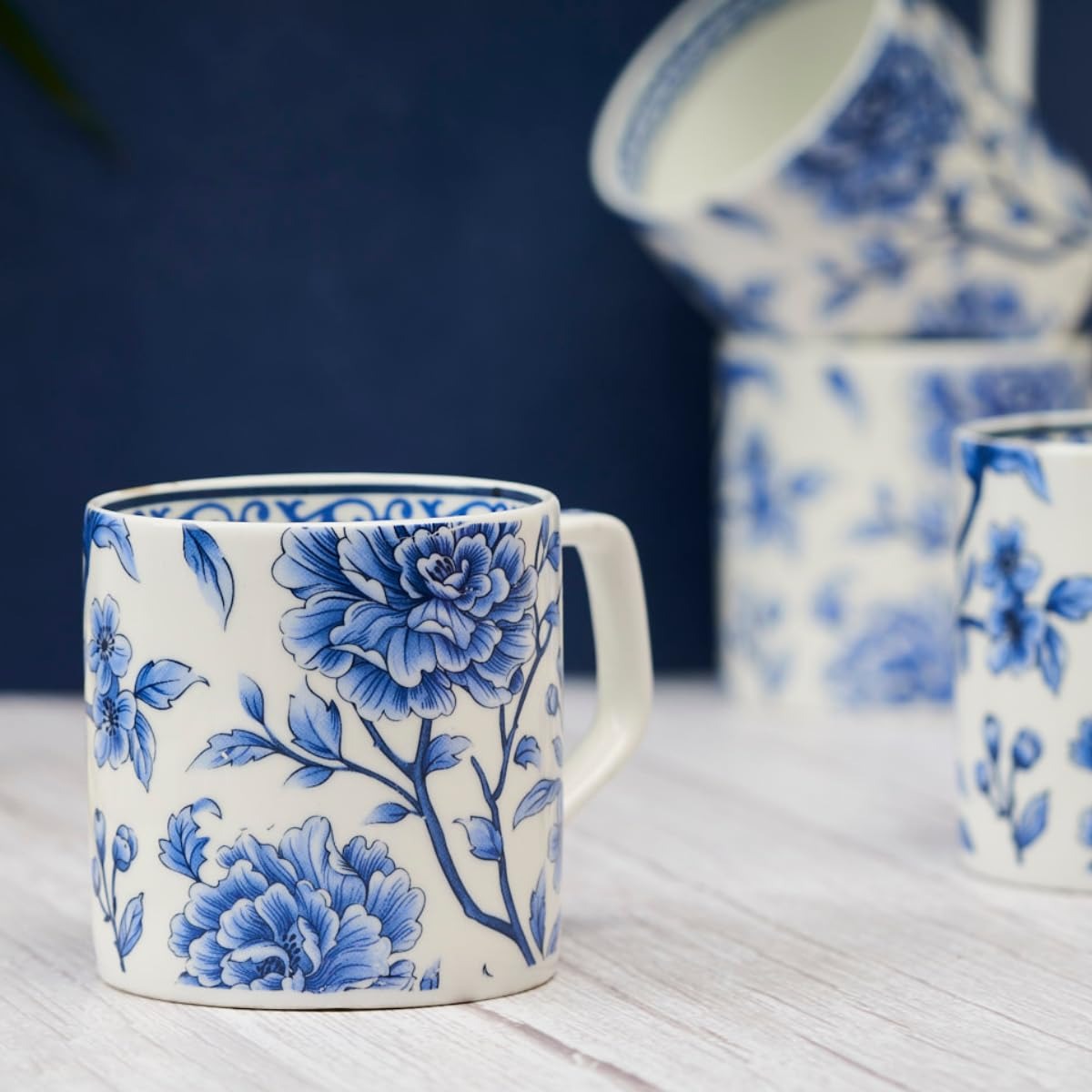 Bone China Handcrafted Sapphire Bloom Tea & Coffee Cups - Set Of 6