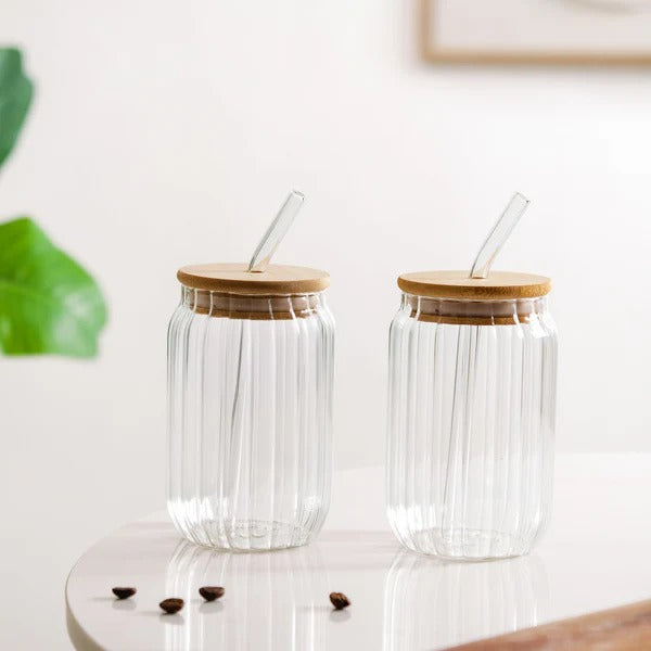 Fluted Glass Tumbler With Straw And Wooden Lid Set Of 2 400ml