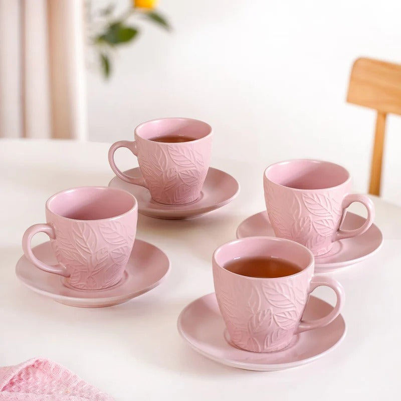 Leaf Embossed Cup And Saucer Set Of 4 With Stand 200ml