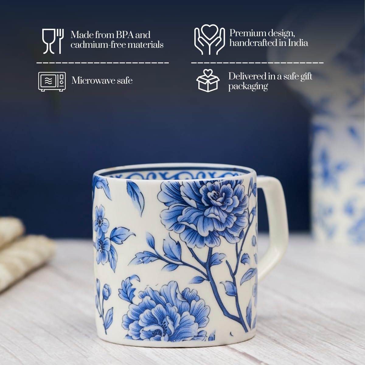 Bone China Handcrafted Sapphire Bloom Tea & Coffee Cups - Set Of 6