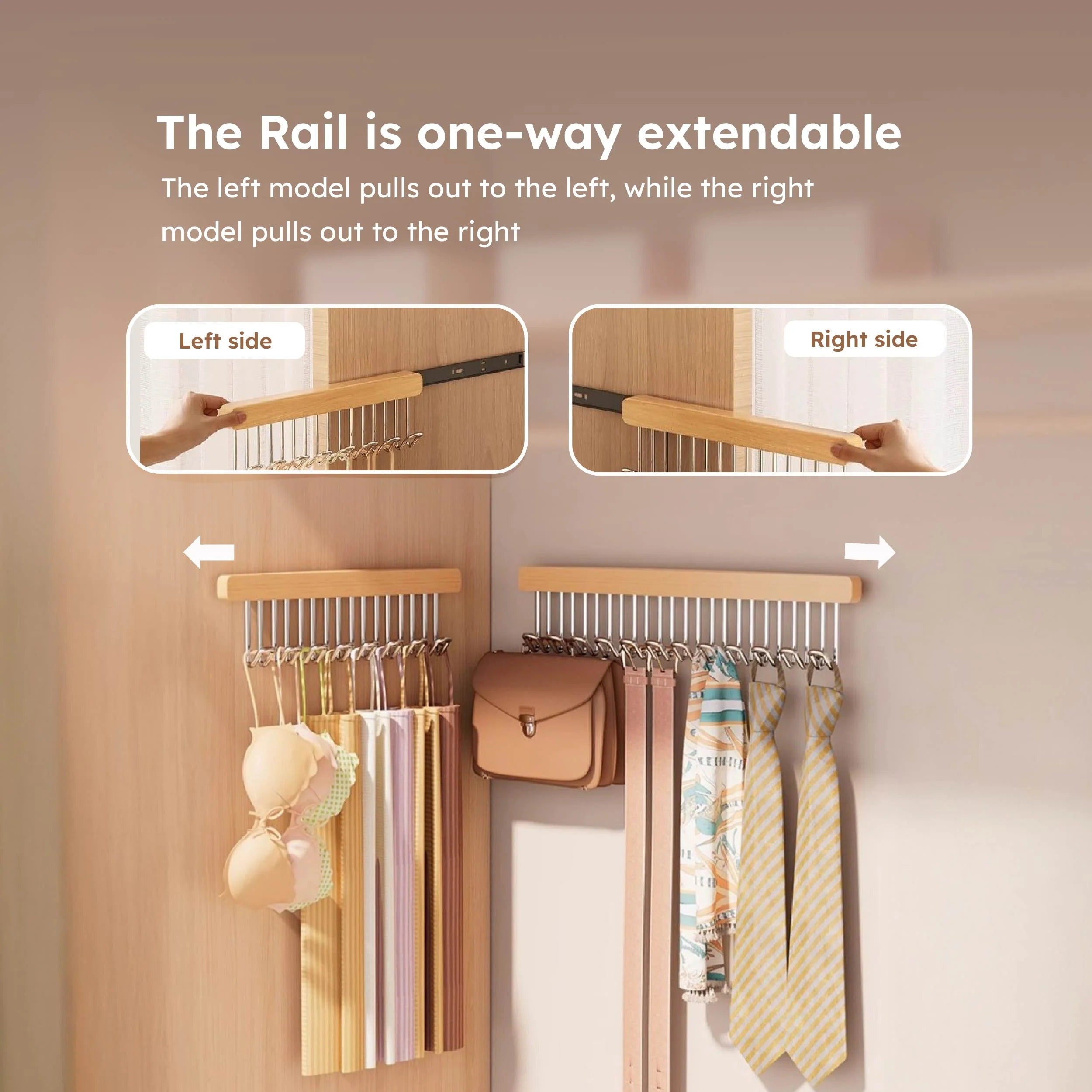Wooden Pull-Out Sliding Closet Organizer 12 Hooks