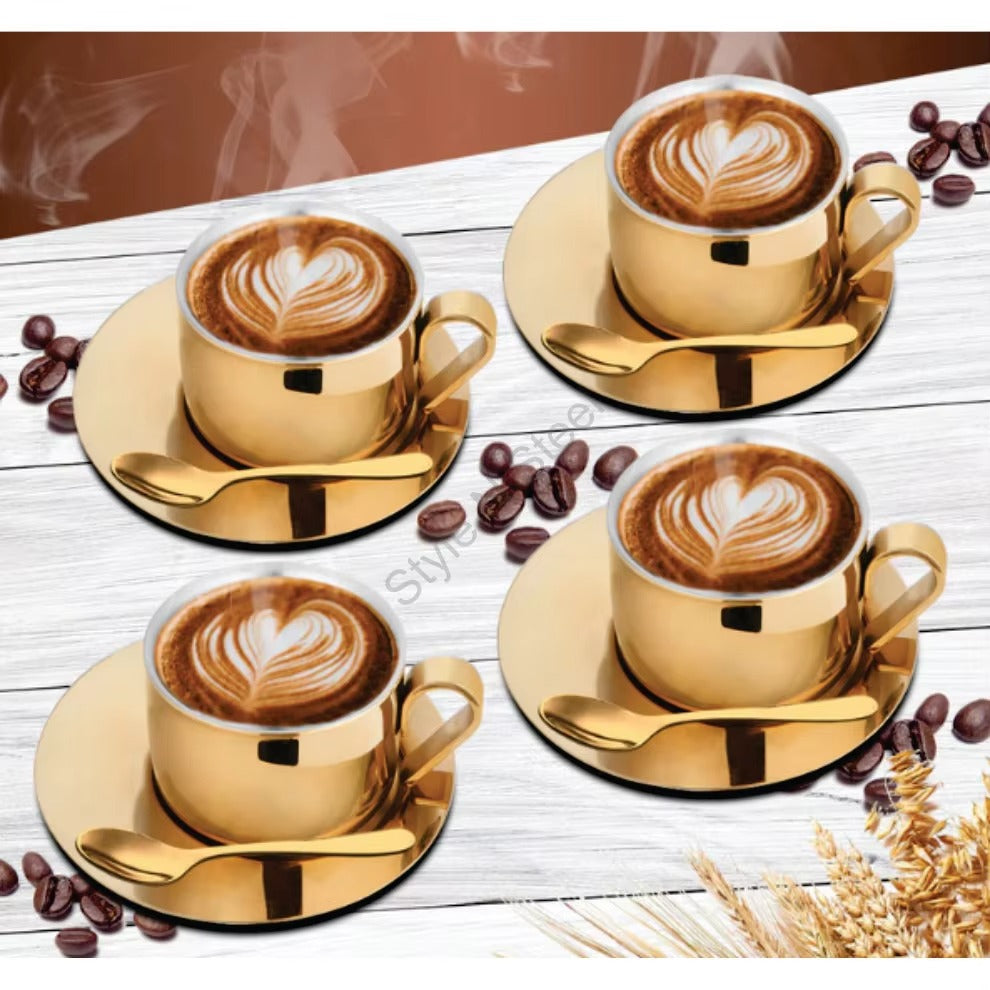 Stainless Steel 4 PCS Double Wall Cup and Saucer with Gold PVD Coating First Impression