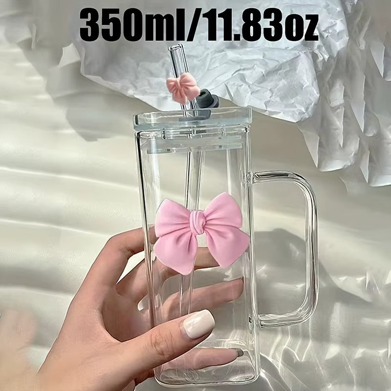 Chic Bow Glass Tumbler with Handle And Straw | 400ml