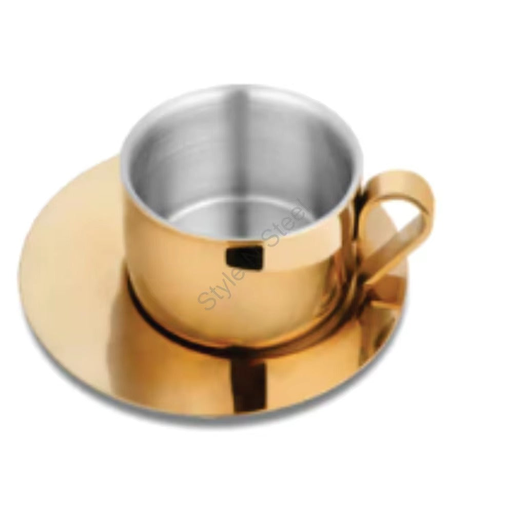 Stainless Steel 4 PCS Double Wall Cup and Saucer with Gold PVD Coating First Impression
