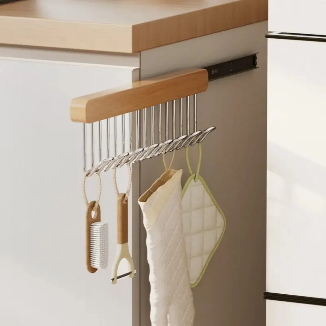 Wooden Pull-Out Sliding Closet Organizer 12 Hooks