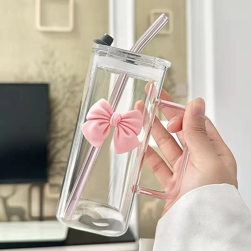 Chic Bow Glass Tumbler with Handle And Straw | 400ml