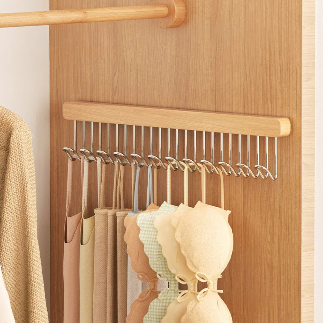 Wooden Pull-Out Sliding Closet Organizer 12 Hooks