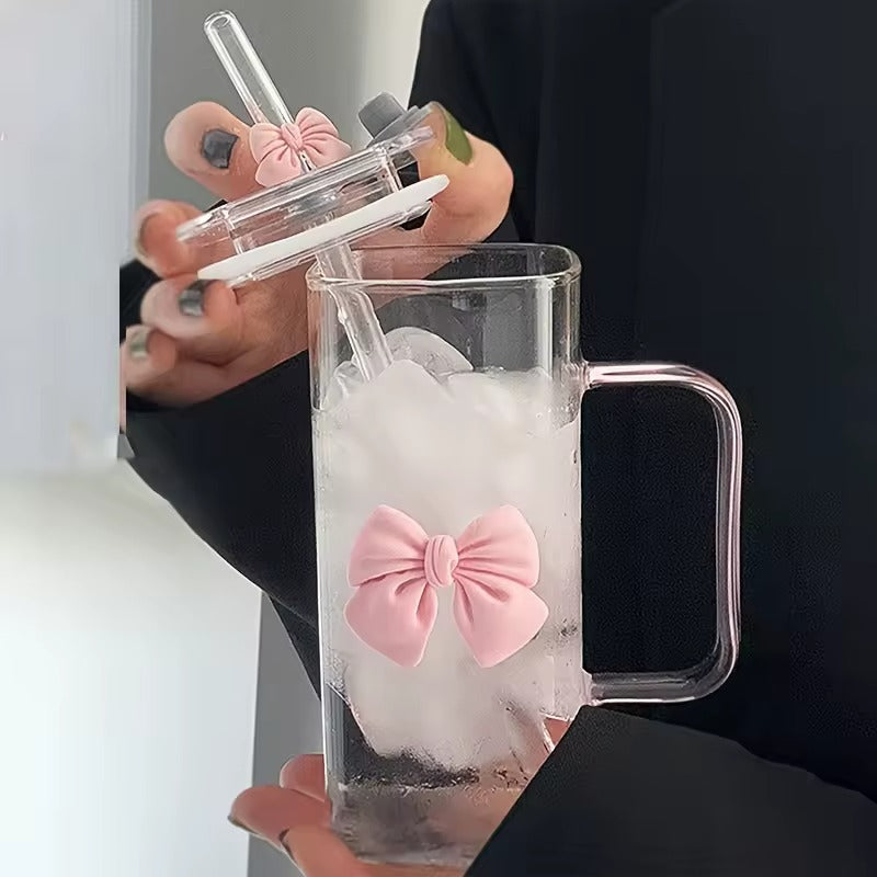 Chic Bow Glass Tumbler with Handle And Straw | 400ml