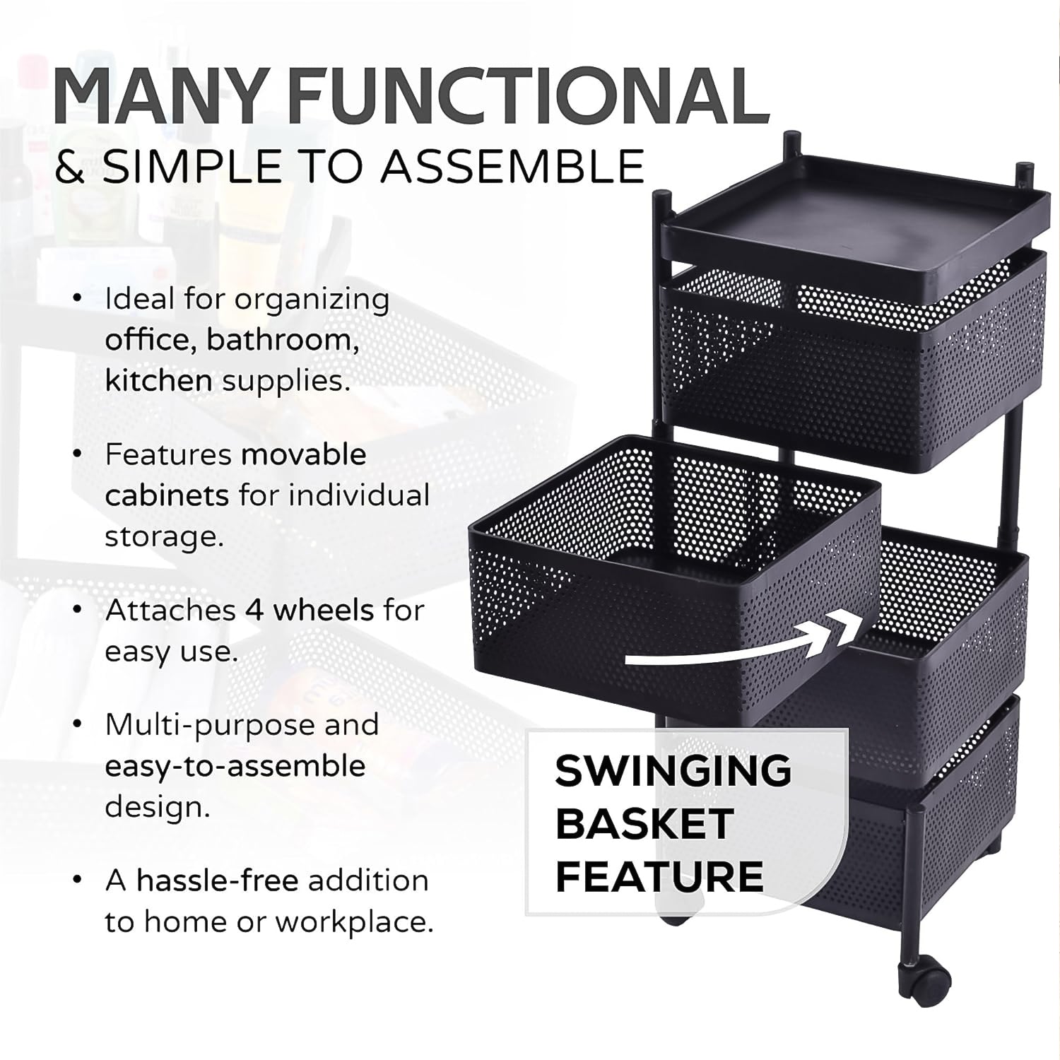 Metal Square High Quality Kitchen Trolley With Wheels (4 Layer )